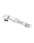 Metal pocket clip with branding on a white background