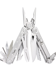 Multitool with various tools extended on a white background
