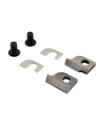 Set of metal brackets, cutters and screws on a white background