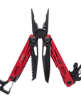 Red and black multi-tool with various tools on a white background