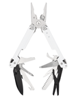 A white multi-tool pocket knife with silver stainless steel handles and black accessories extended, including pliers, scissors, a knife blade, and a saw, on a plain white background.
