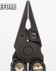 Close-up of a black multi-tool pliers tool with silver metal pivot screws and a serrated silver edge, shown against a plain white background.