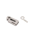 A small metallic bit driver component with a rectangular slot and a separate matching metal ring fastener, photographed on a clean white background.
