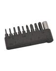 A 10-piece screwdriver bit set in a black plastic holder with size markings, shown on a plain white background.