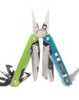 A multi-tool pocket knife with a split color design, featuring a bright lime green left side and a metallic blue right side, with various metal tools fully extended against a plain white background.