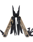 A multi-tool pocket knife with tan and black metal components, fully opened to show its various tools, photographed on a solid white background.