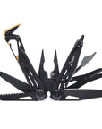 A black multi-tool pocket knife with several tools extended, including blades, pliers, and a screwdriver bit, shown on a plain white background.