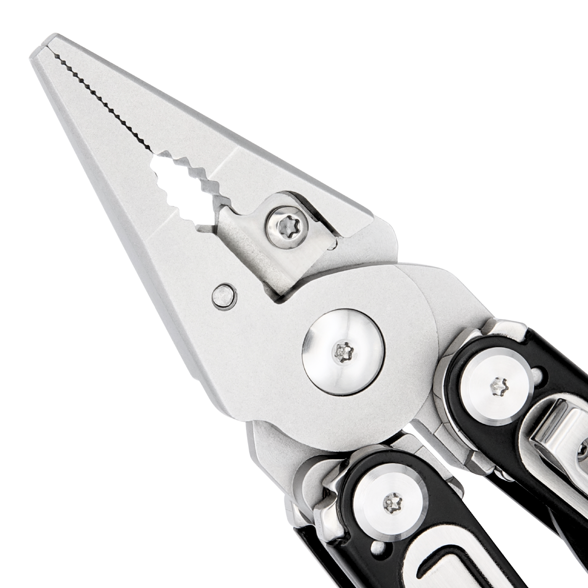 Close-up of a silver multi-tool blade with black handle components.
