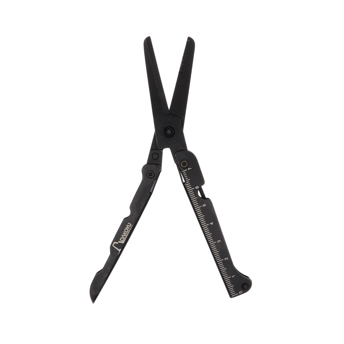 Black folding scissors tool with ruler on a white background