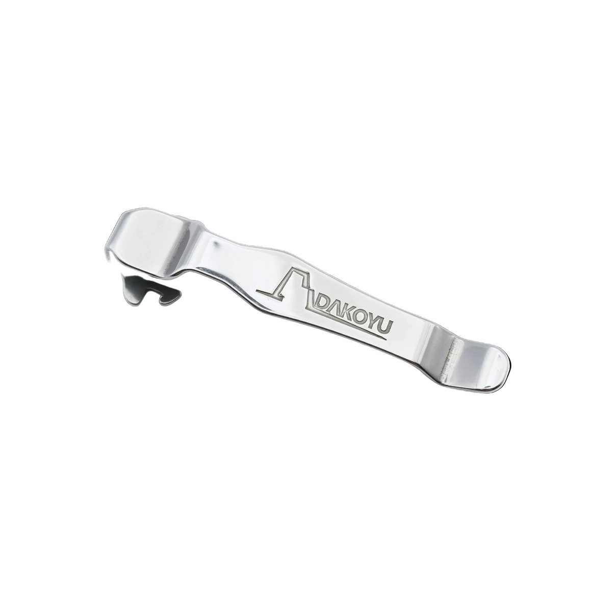 Metal pocket clip with branding on a white background