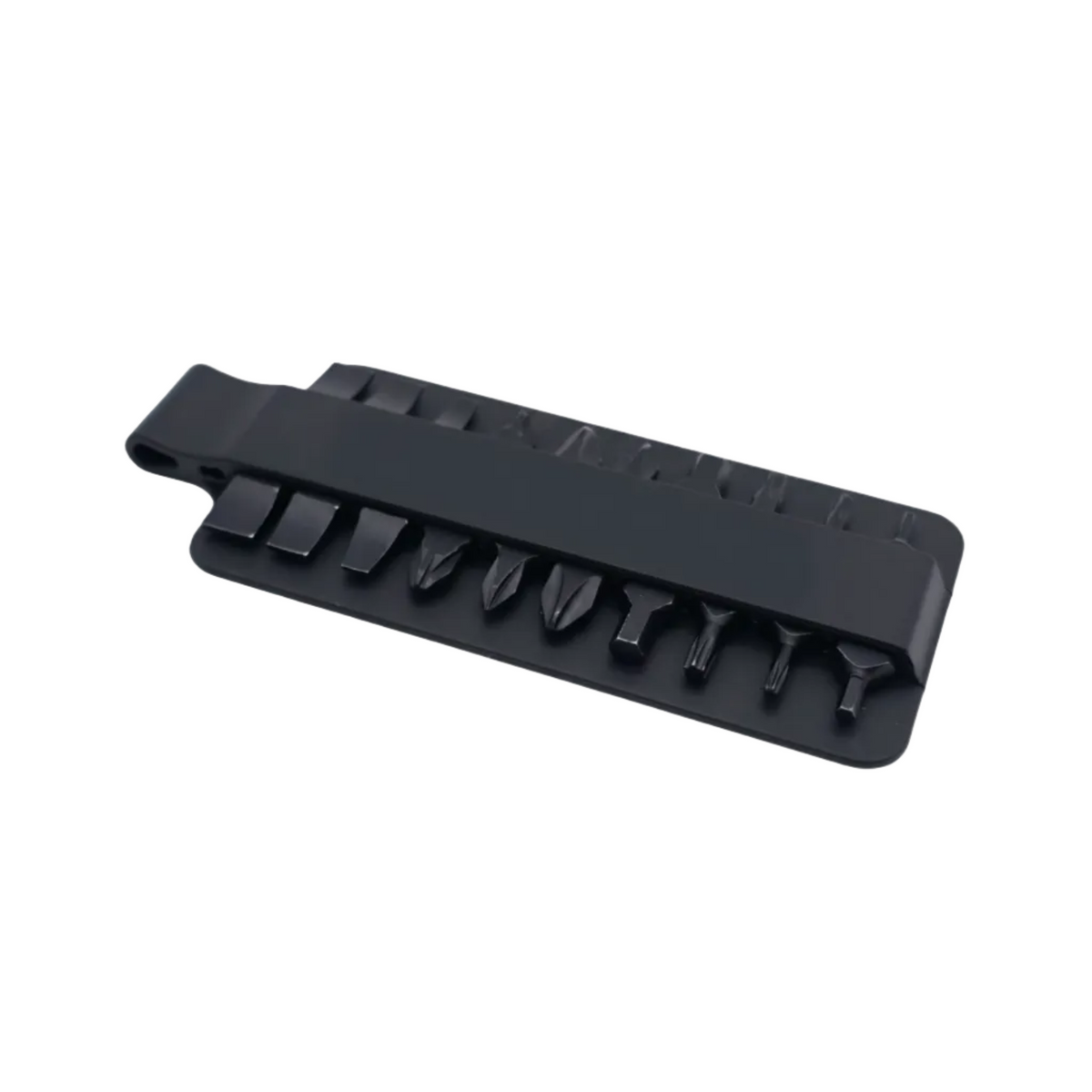 A black plastic screwdriver bit holder containing multiple flat and Phillips screwdriver bits, shown on a plain white background.