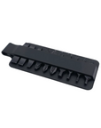 A black plastic screwdriver bit holder containing multiple flat and Phillips screwdriver bits, shown on a plain white background.