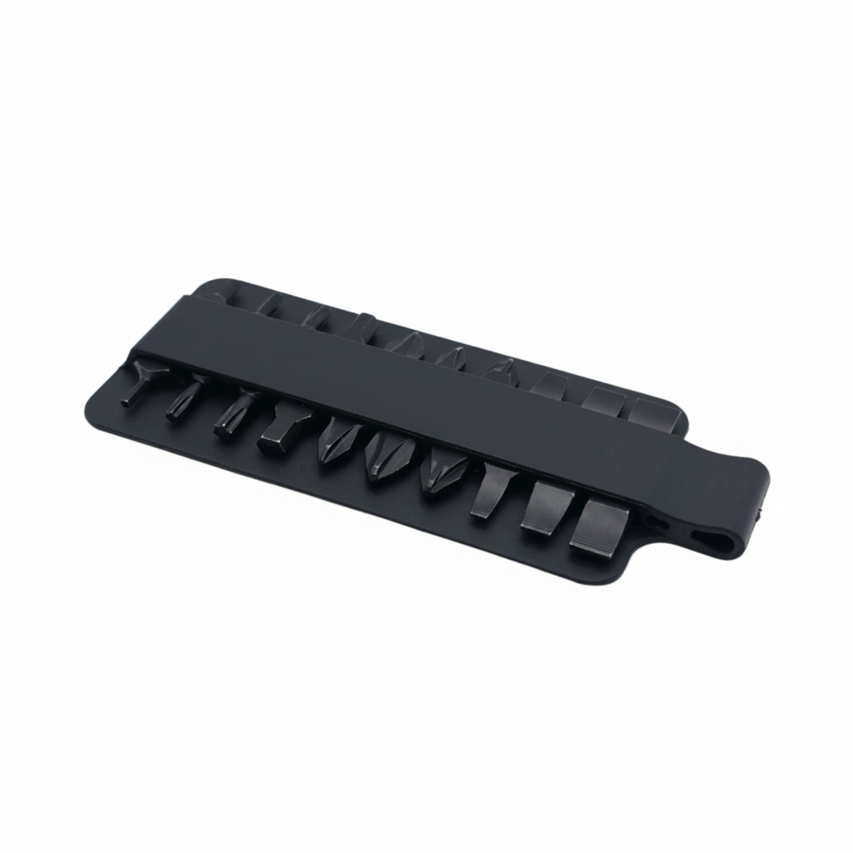 A black plastic screwdriver bit holder with multiple flat and Phillips driver bits inserted, shown on a plain white background.