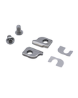 Set of metal brackets and screws on a white background