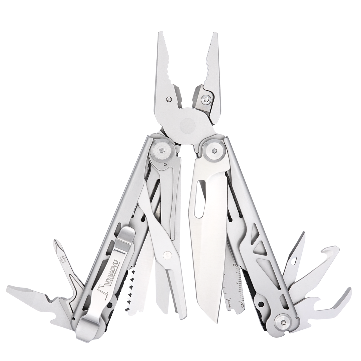 A silver stainless steel multi-tool pocket knife with several tools fully extended, including pliers, scissors, a knife blade, and small utility implements, shown against a plain white background.
