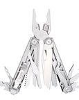 A silver stainless steel multi-tool pocket knife with several tools fully extended, including pliers, scissors, a knife blade, and small utility implements, shown against a plain white background.