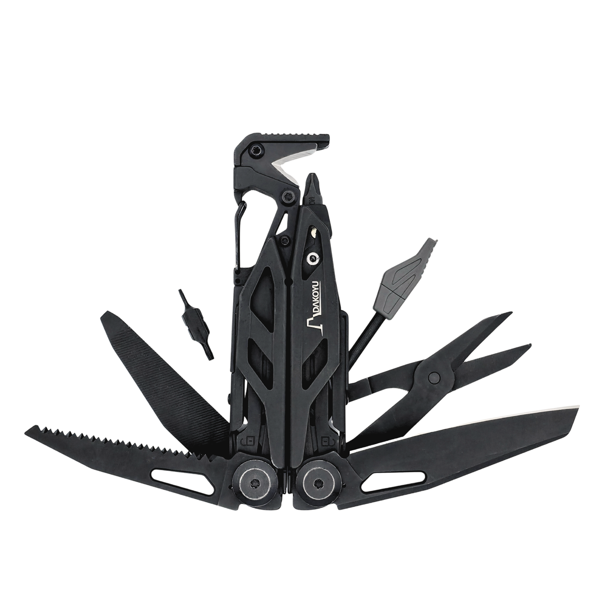Black multi-tool with various tools on a white background