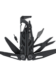 Black multi-tool with various tools on a white background