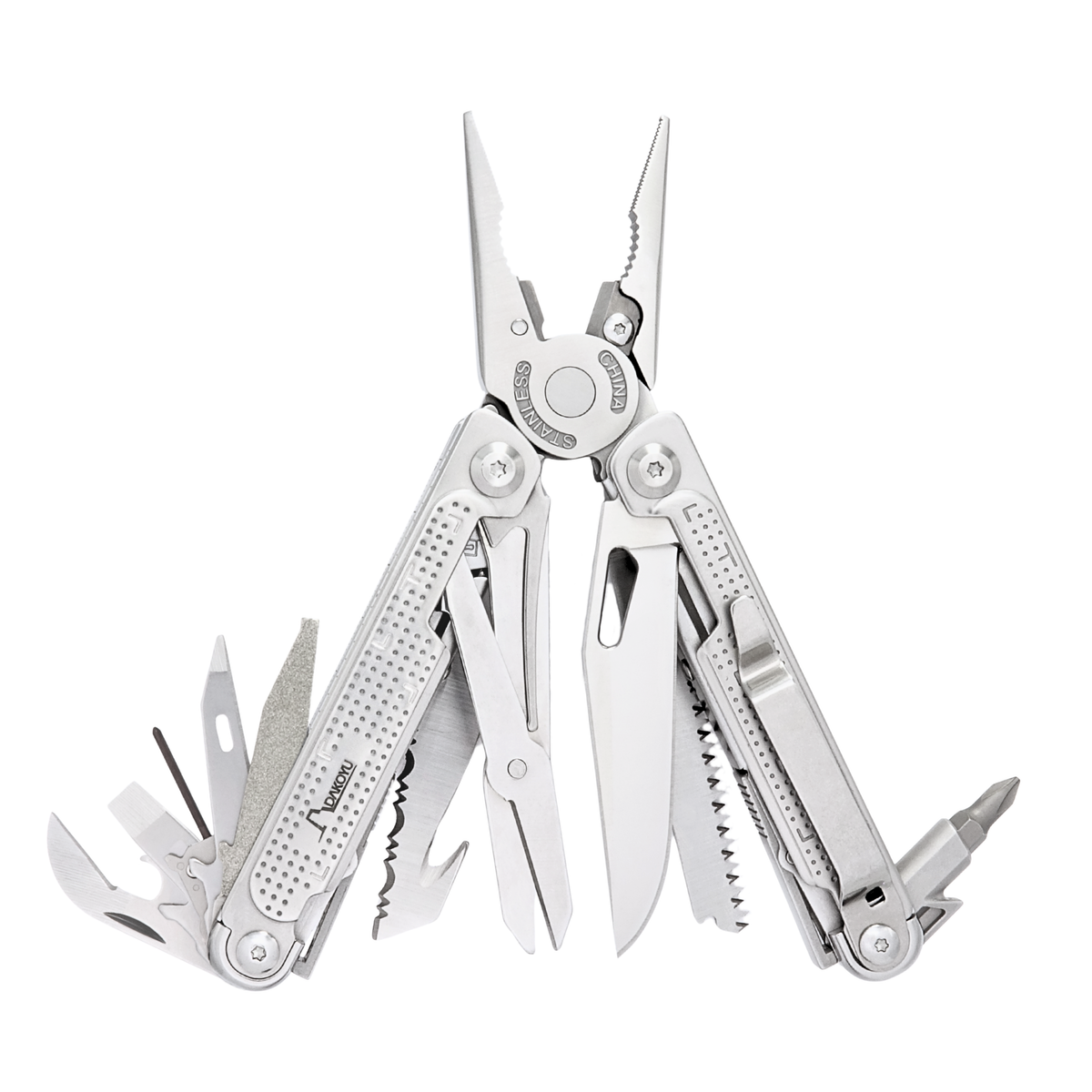 Multitool with various tools extended on a white background