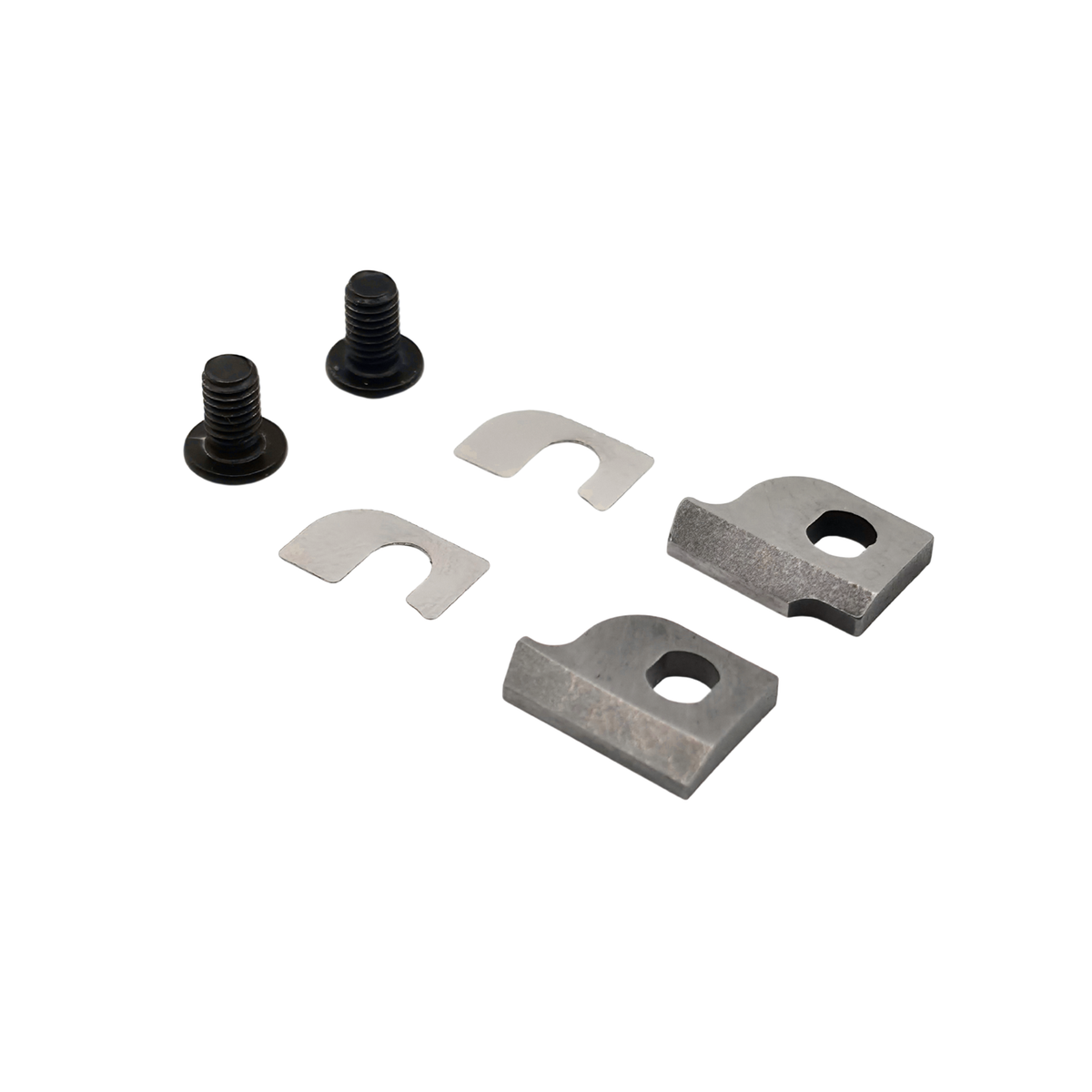 Set of metal brackets, cutters and screws on a white background