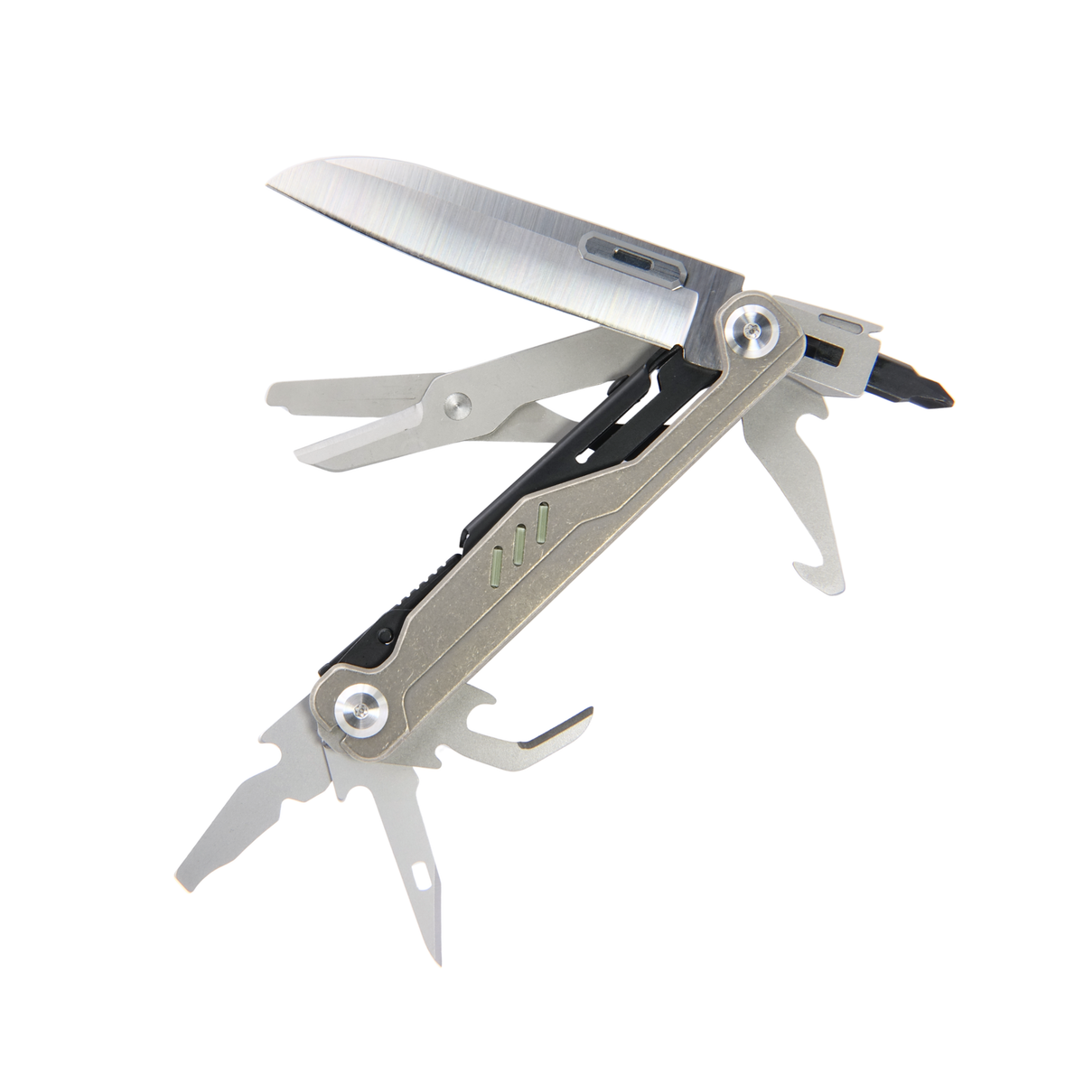 Multitool with various tools on a white background