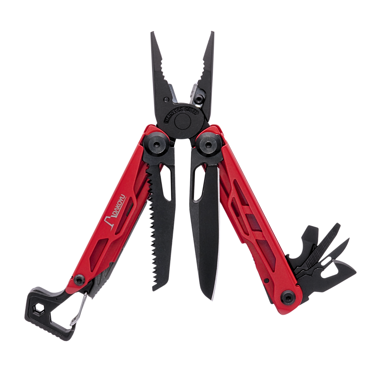 Red and black multi-tool with various tools on a white background