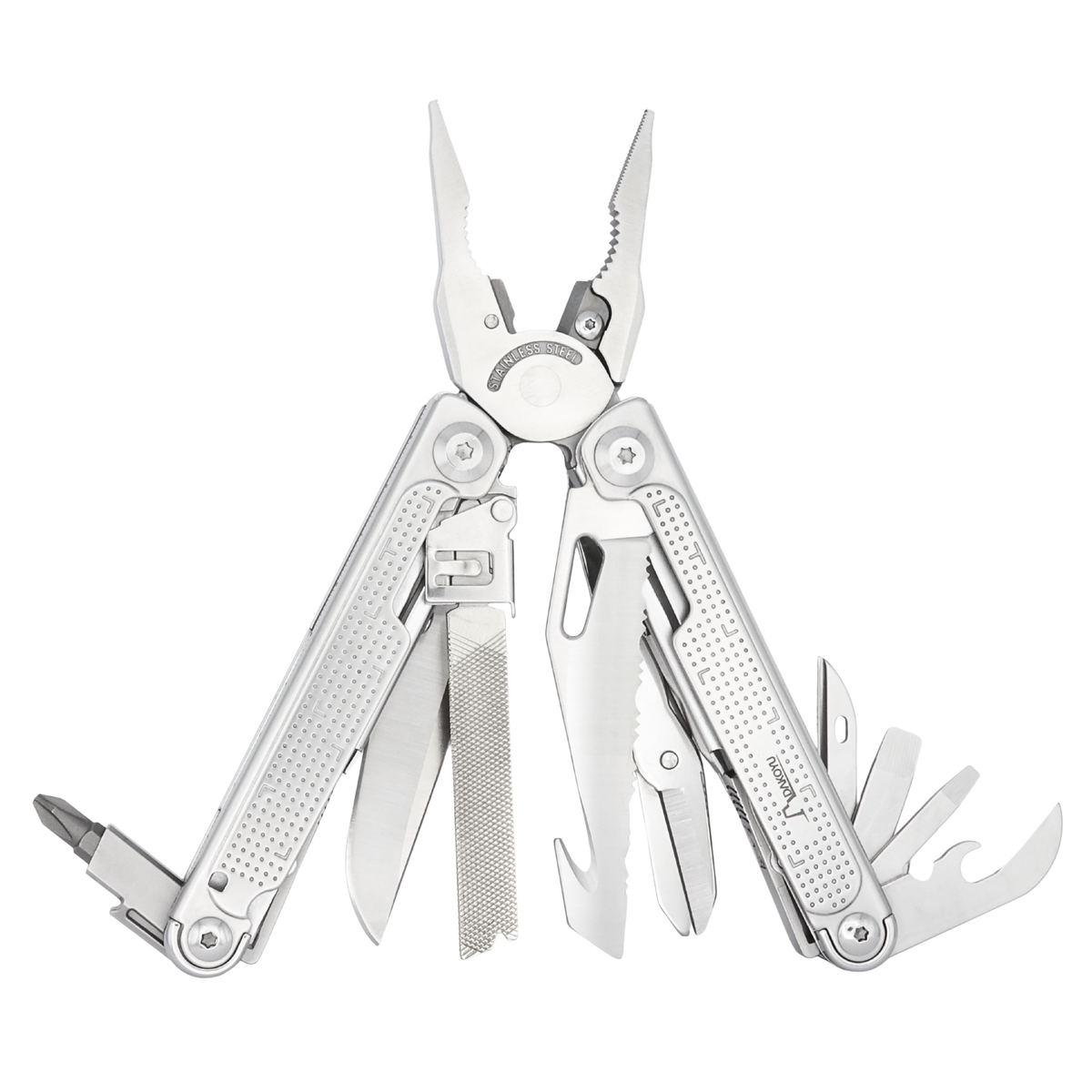 Multitool with various tools on a white background