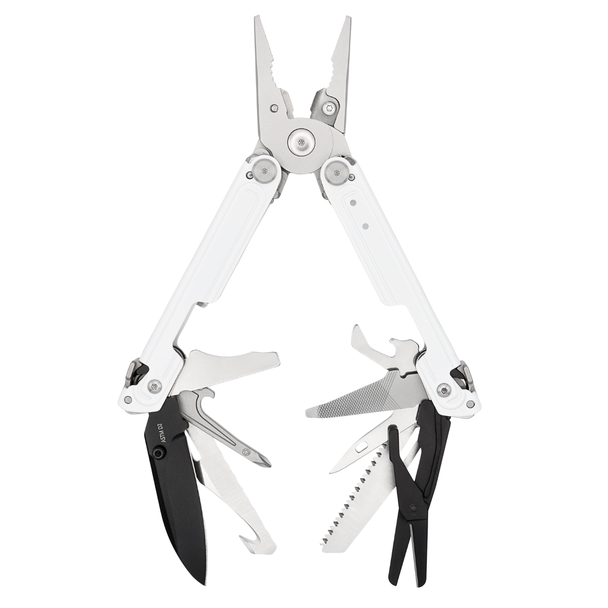 A white multi-tool pocket knife with silver stainless steel handles and black accessories extended, including pliers, scissors, a knife blade, and a saw, on a plain white background.