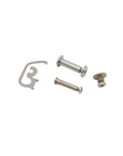 A small hardware set on a plain white background, including a silver metal clip-like piece, two silver cylindrical pins or bolts, and a small threaded screw with a interscrew head.