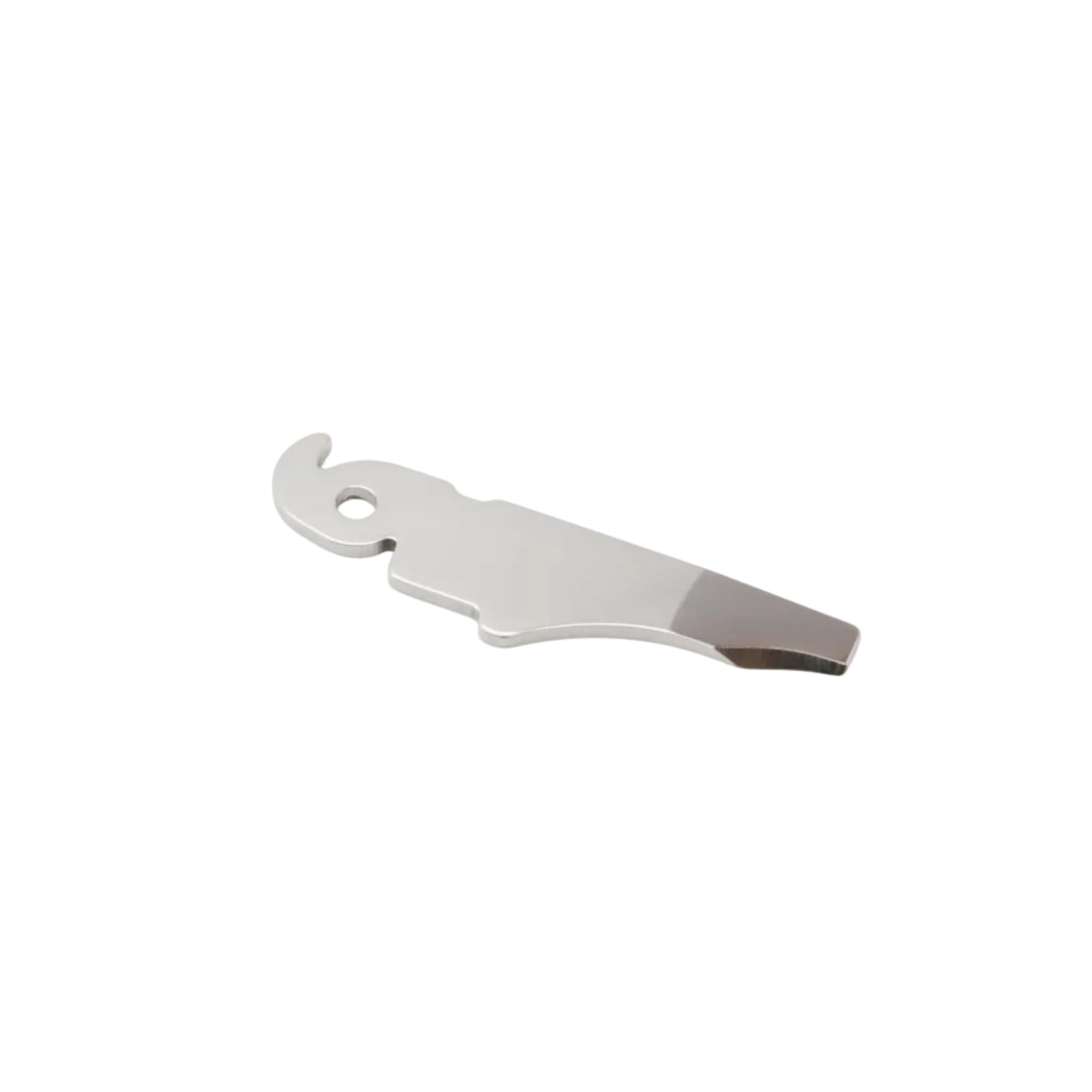 A stainless steel bottle opener shaped like a fish, featuring a circular hole in the top-left and a darkened, oxidized finish on the blade tip, shown on a plain white background.