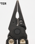 Close-up of a black multi-tool pliers with serrated teeth on the tip and silver metal screws, shown against a plain white background.