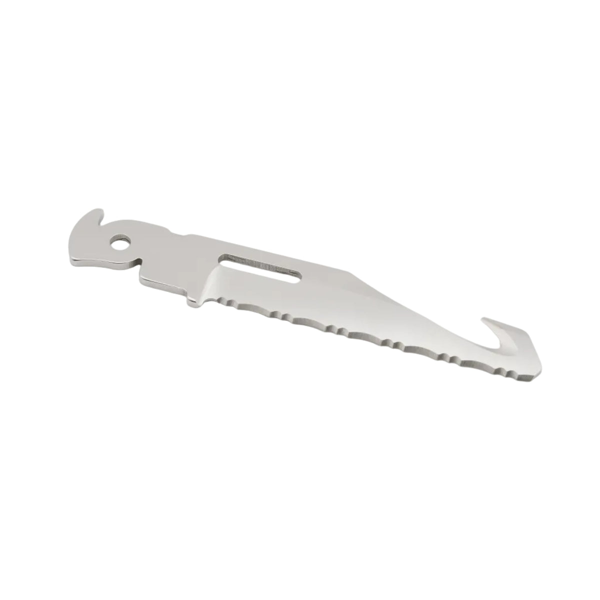 A stainless steel multi-tool pull cutter with a serrated edge, shown on a clean white background.