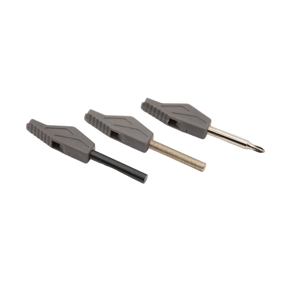 Three gray replacement screwdriver bit holders with different bit shafts (black, silver, and metal) arranged diagonally on a white background.
