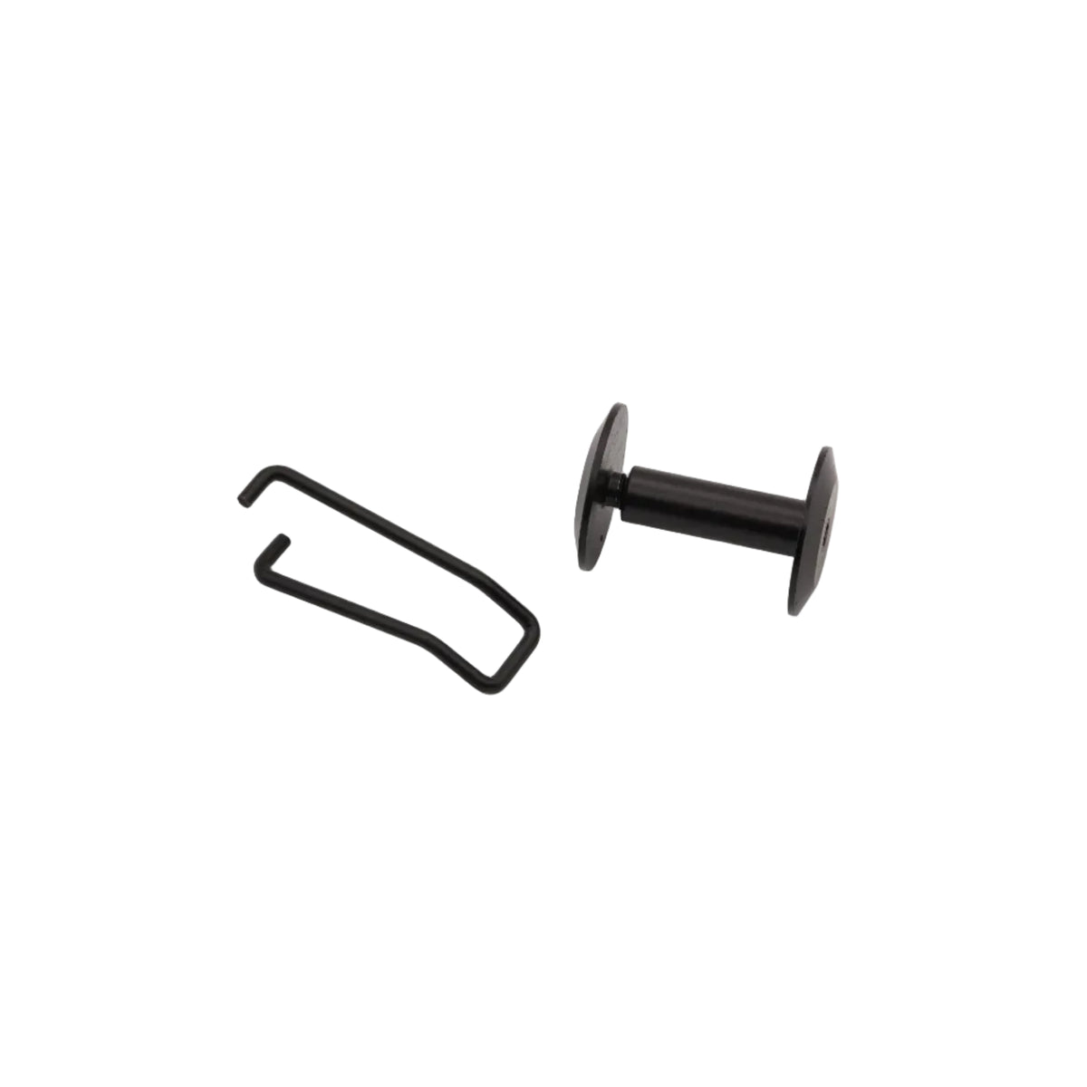 Two black metal hardware components, including a small bent bracket clip and a larger T-shaped peg with circular end plates, shown on a plain white background.