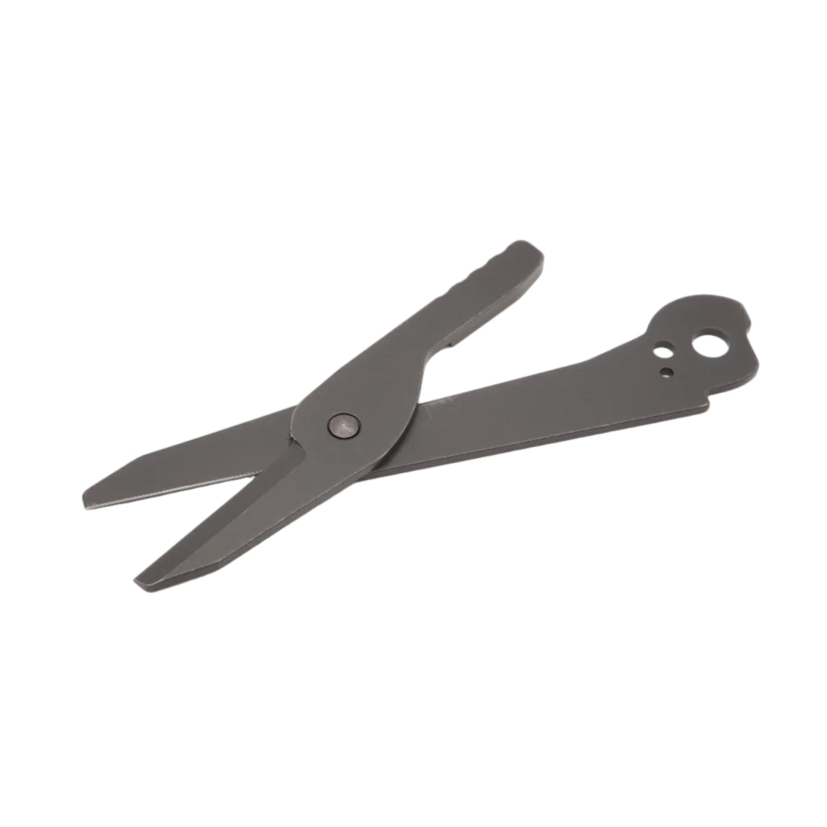 A pair of black metal bypass scissors with a matte finish, shown open on a clean white background.