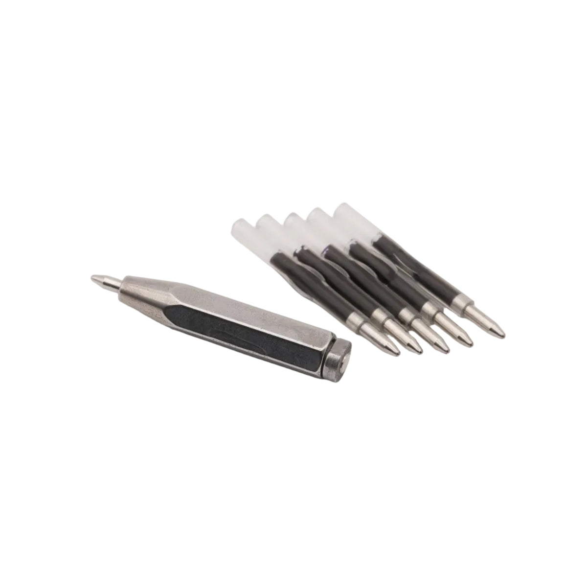 A metal pen-shaped tool with a black center section lies on a light gray surface, next to a row of replacement pen tips with black bodies, silver metal tips, and clear protective caps.
