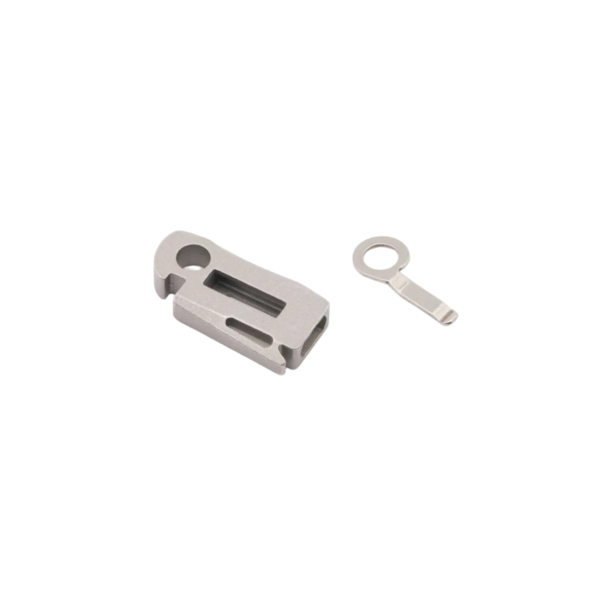 A small metallic bit driver component with a rectangular slot and a separate matching metal ring fastener, photographed on a clean white background.