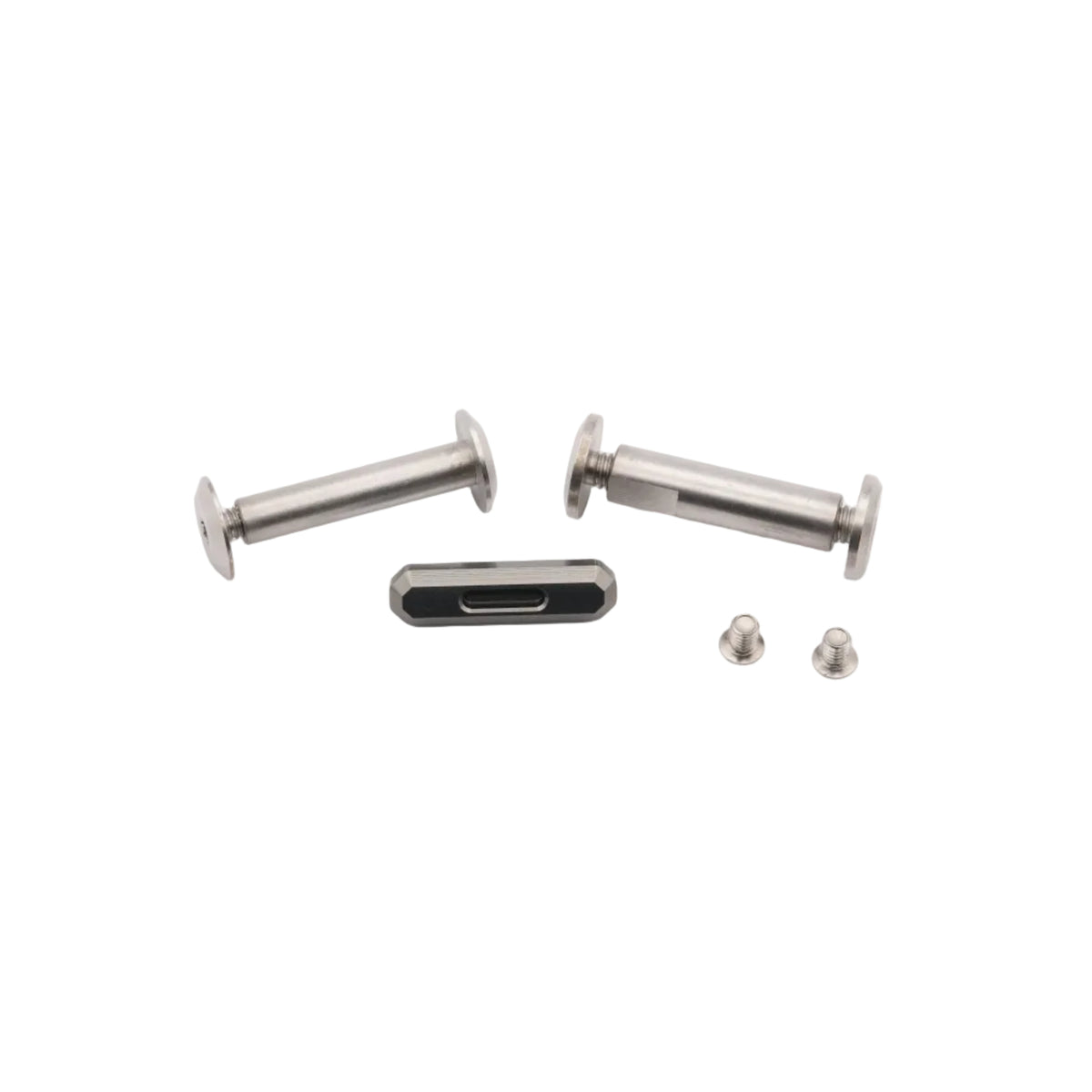 Two silver metal barbell-style ear piercings with flat backings, a black rectangular inner plug, and two small silver studs on a plain white background.