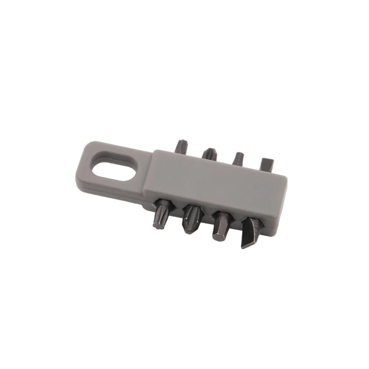 A gray plastic multi-bit screwdriver bit holder with six black screwdriver bits, shown on a plain white background.