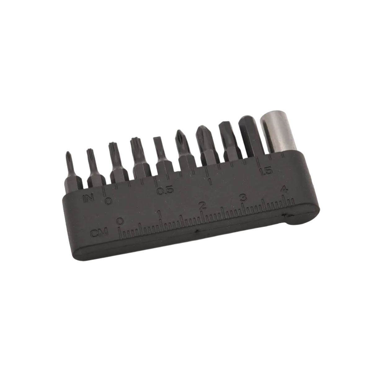 A 10-piece screwdriver bit set in a black plastic holder with size markings, shown on a plain white background.