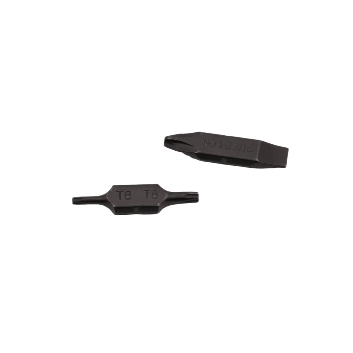 Two small black bit replacement parts with text, shown on a plain light gray background.