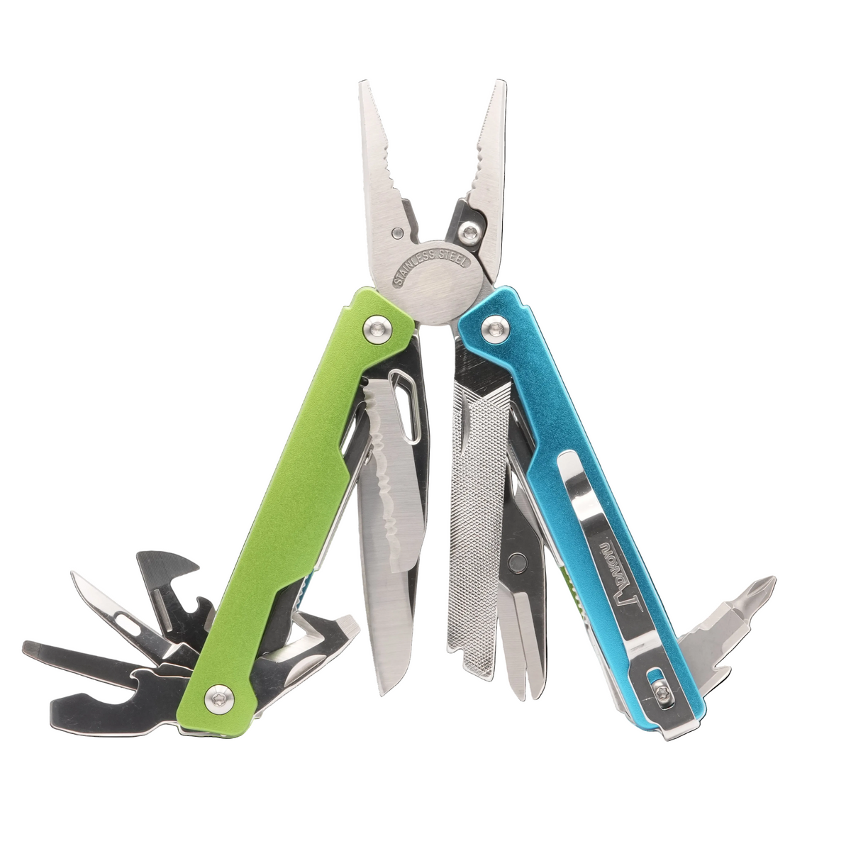 A multi-tool pocket knife with a split color design, featuring a bright lime green left side and a metallic blue right side, with various metal tools fully extended against a plain white background.