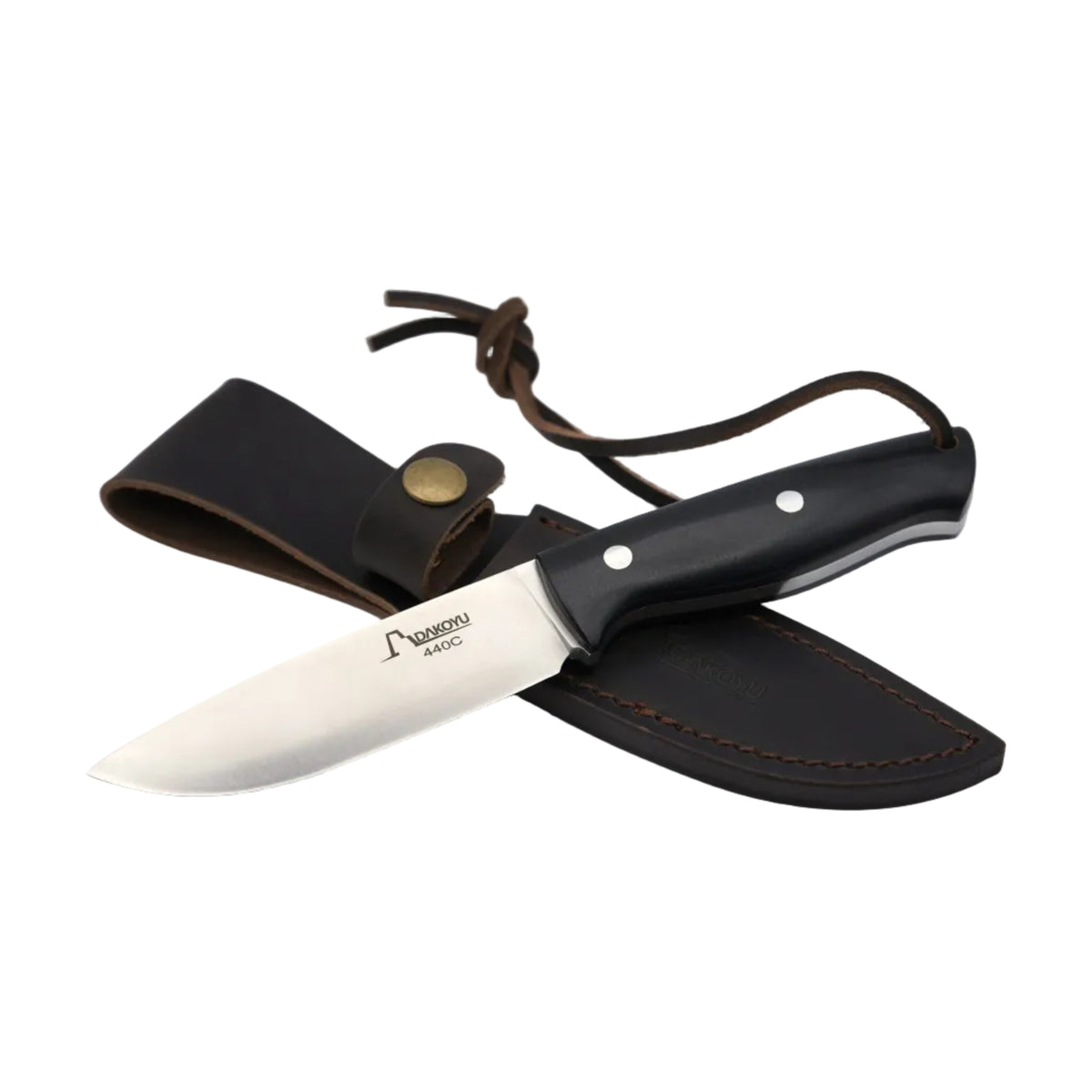 A fixed-blade knife with a silver stainless steel blade and a black handle, shown resting on its dark brown leather sheath against a light gray background.