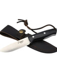 A fixed-blade knife with a silver stainless steel blade and a black handle, shown resting on its dark brown leather sheath against a light gray background.