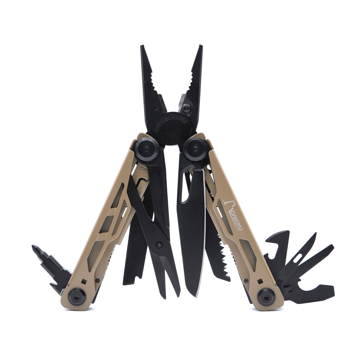 A multi-tool pocket knife with tan and black metal components, fully opened to show its various tools, photographed on a solid white background.