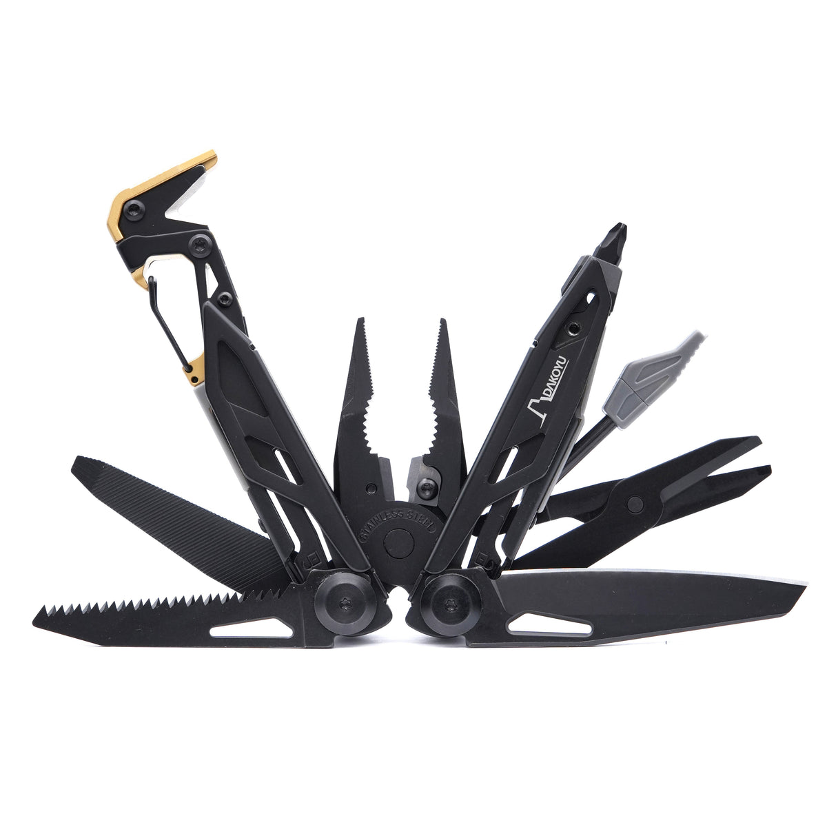 A black multi-tool pocket knife with several tools extended, including blades, pliers, and a screwdriver bit, shown on a plain white background.