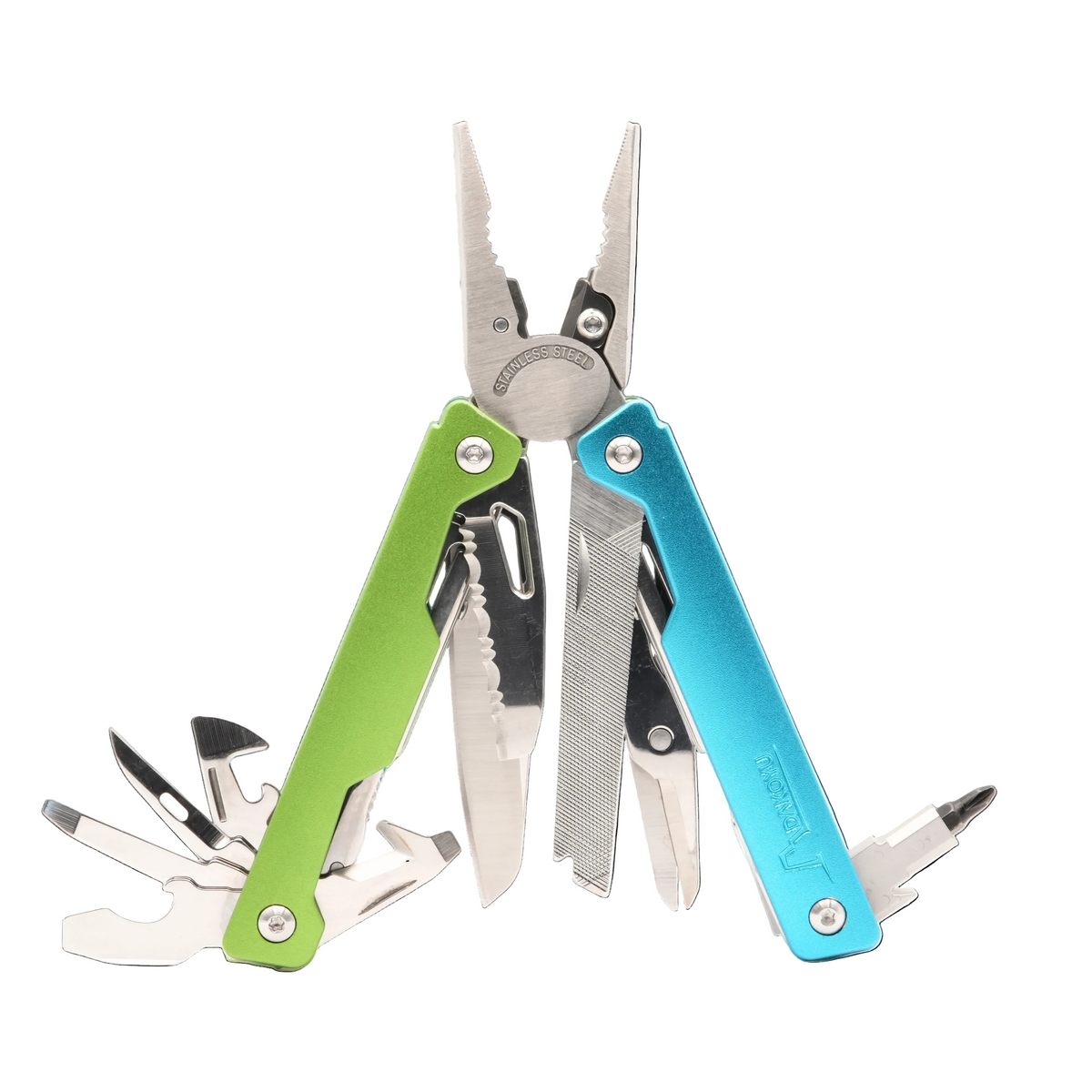 Multitool that has green and blue handles with various tools on a white background