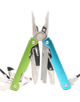 Multitool that has green and blue handles with various tools on a white background