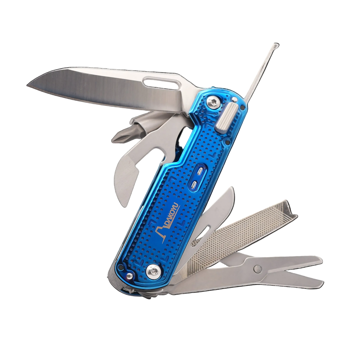 Multitool with blue handle and silver tools on a white background
