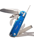 Multitool with blue handle and silver tools on a white background